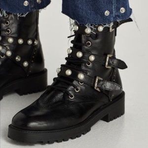 Zara Women Leather Sz 10 Buckle Pearl Black Boots